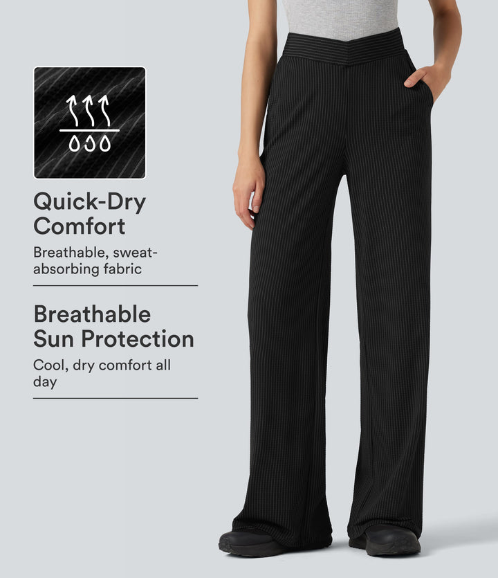V Shaped High Waisted Stripe Quick Dry Flare Casual Trousers with Pockets-UPF40+ — Ink Stripe Ribbed — view 1