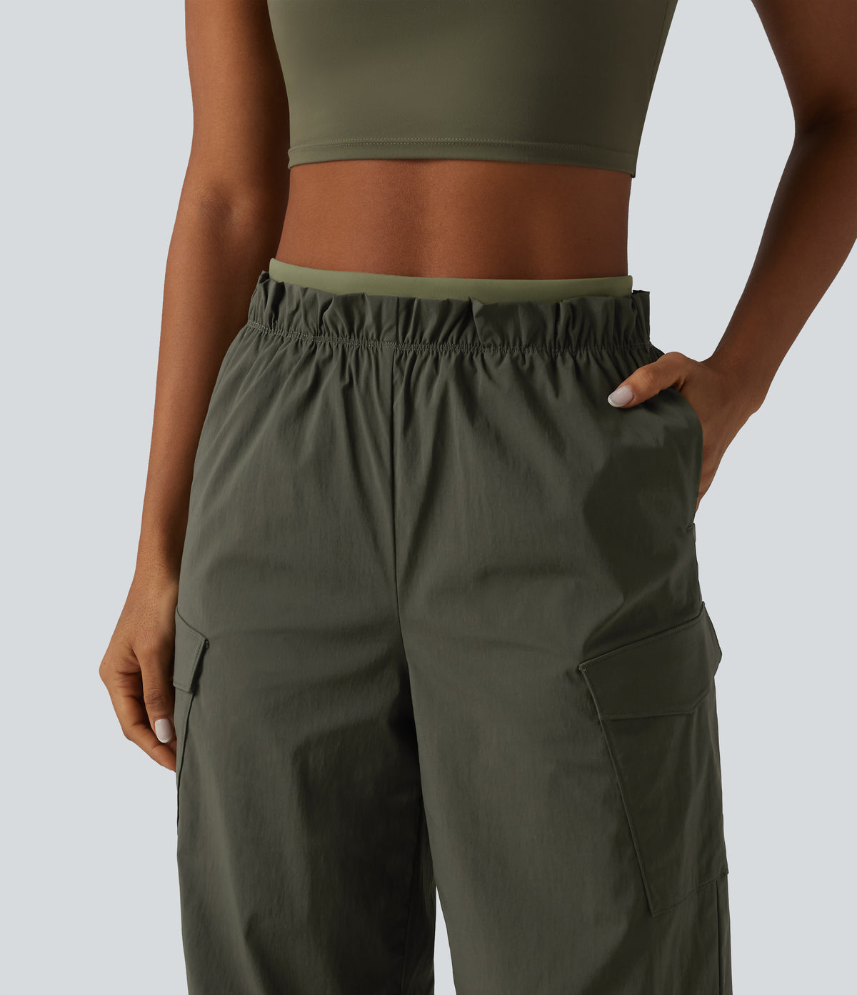 High Waisted Baggy Hiking Cargo Joggers with Pockets — Forest Night — view 4