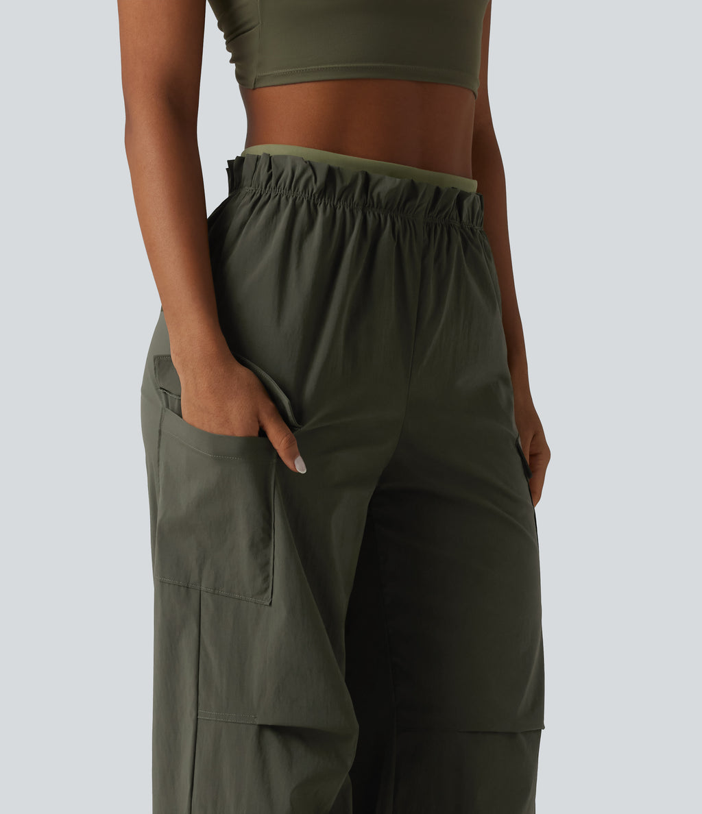 High Waisted Baggy Hiking Cargo Joggers with Pockets — Forest Night — view 5