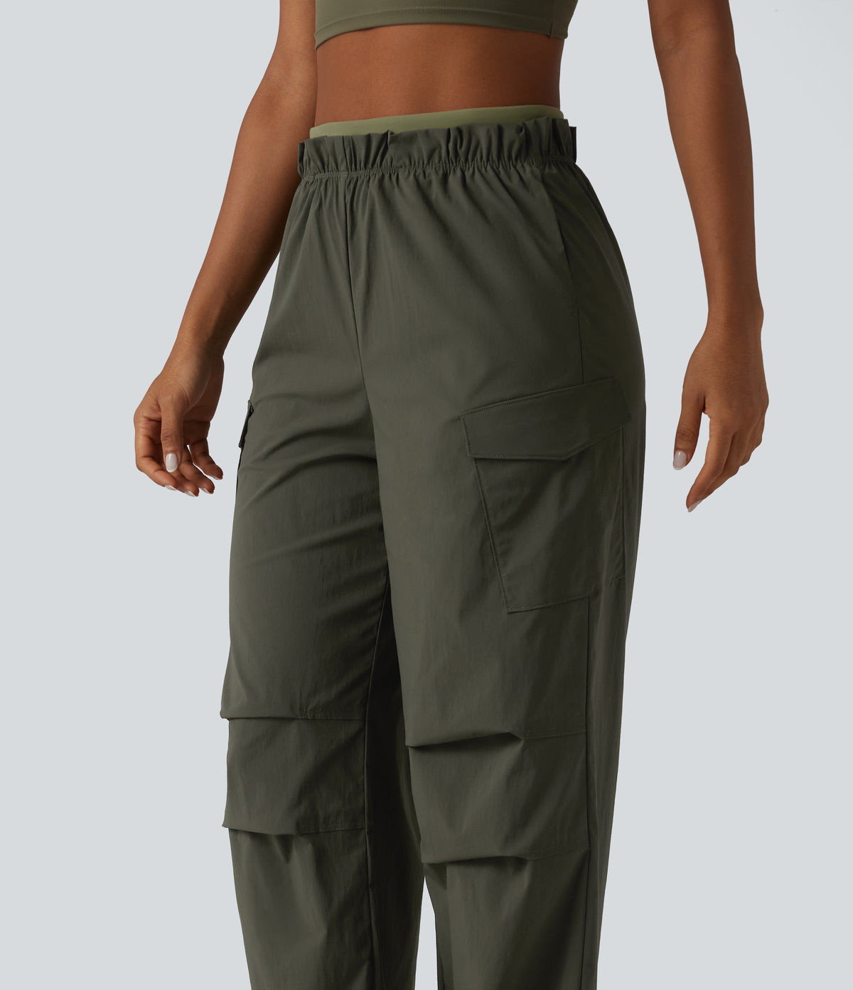 High Waisted Baggy Hiking Cargo Joggers with Pockets — Forest Night — view 6