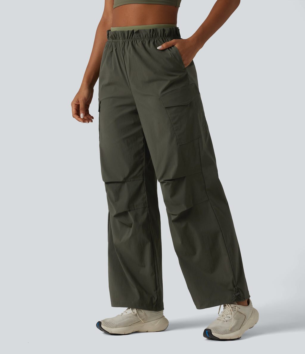 High Waisted Baggy Hiking Cargo Joggers with Pockets — Forest Night — view 3
