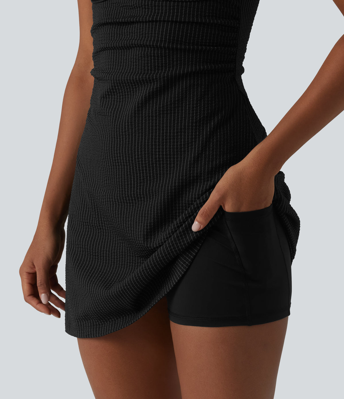 U Neck Built-in Bra 2-Piece Stripe Quick Dry Mini Tennis Active Dress with Pockets-UPF40+ — Ink Stripe Ribbed — view 7