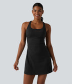 U Neck Built-in Bra 2-Piece Stripe Quick Dry Mini Tennis Active Dress with Pockets-UPF40+ — Ink Stripe Ribbed — view 2