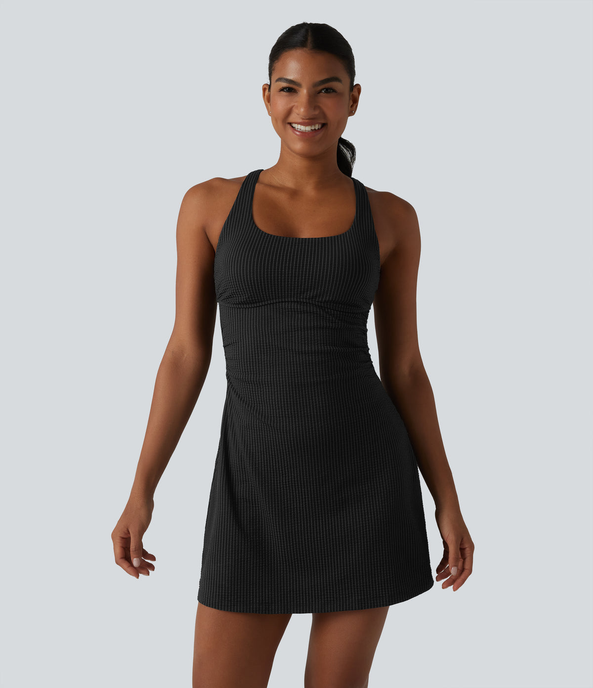 U Neck Built-in Bra 2-Piece Stripe Quick Dry Mini Tennis Active Dress with Pockets-UPF40+ — Ink Stripe Ribbed — view 2