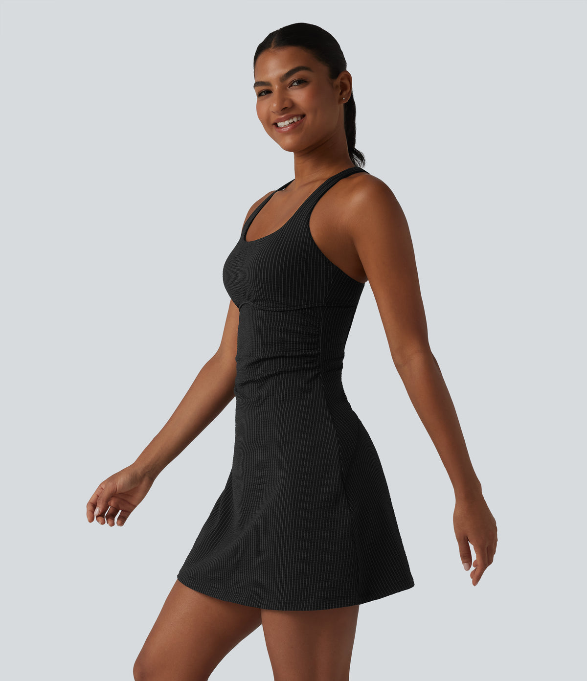 U Neck Built-in Bra 2-Piece Stripe Quick Dry Mini Tennis Active Dress with Pockets-UPF40+ — Ink Stripe Ribbed — view 3