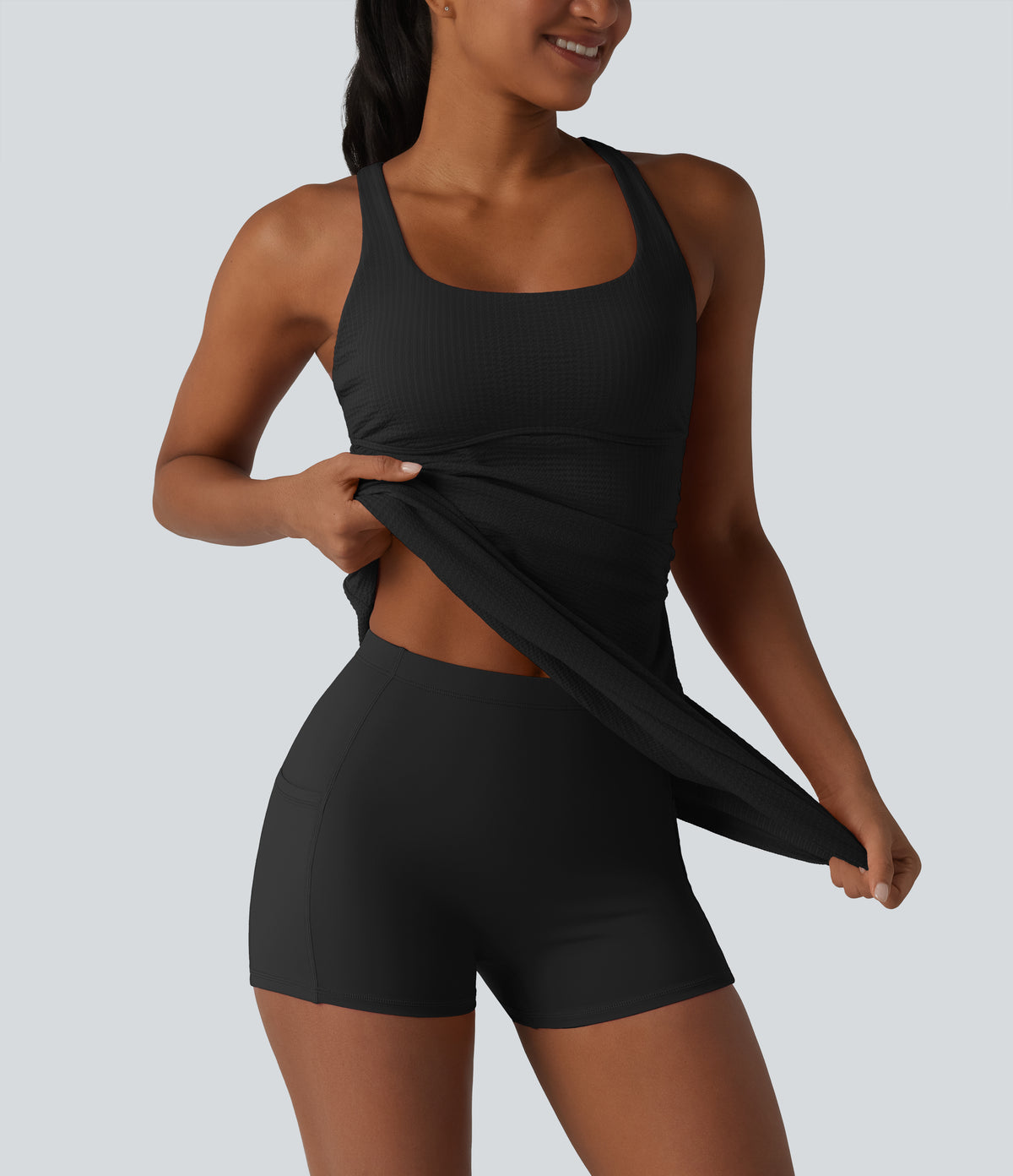 U Neck Built-in Bra 2-Piece Stripe Quick Dry Mini Tennis Active Dress with Pockets-UPF40+ — Ink Stripe Ribbed — view 4
