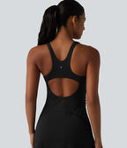 U Neck Built-in Bra 2-Piece Stripe Quick Dry Mini Tennis Active Dress with Pockets-UPF40+ — Ink Stripe Ribbed — view 5