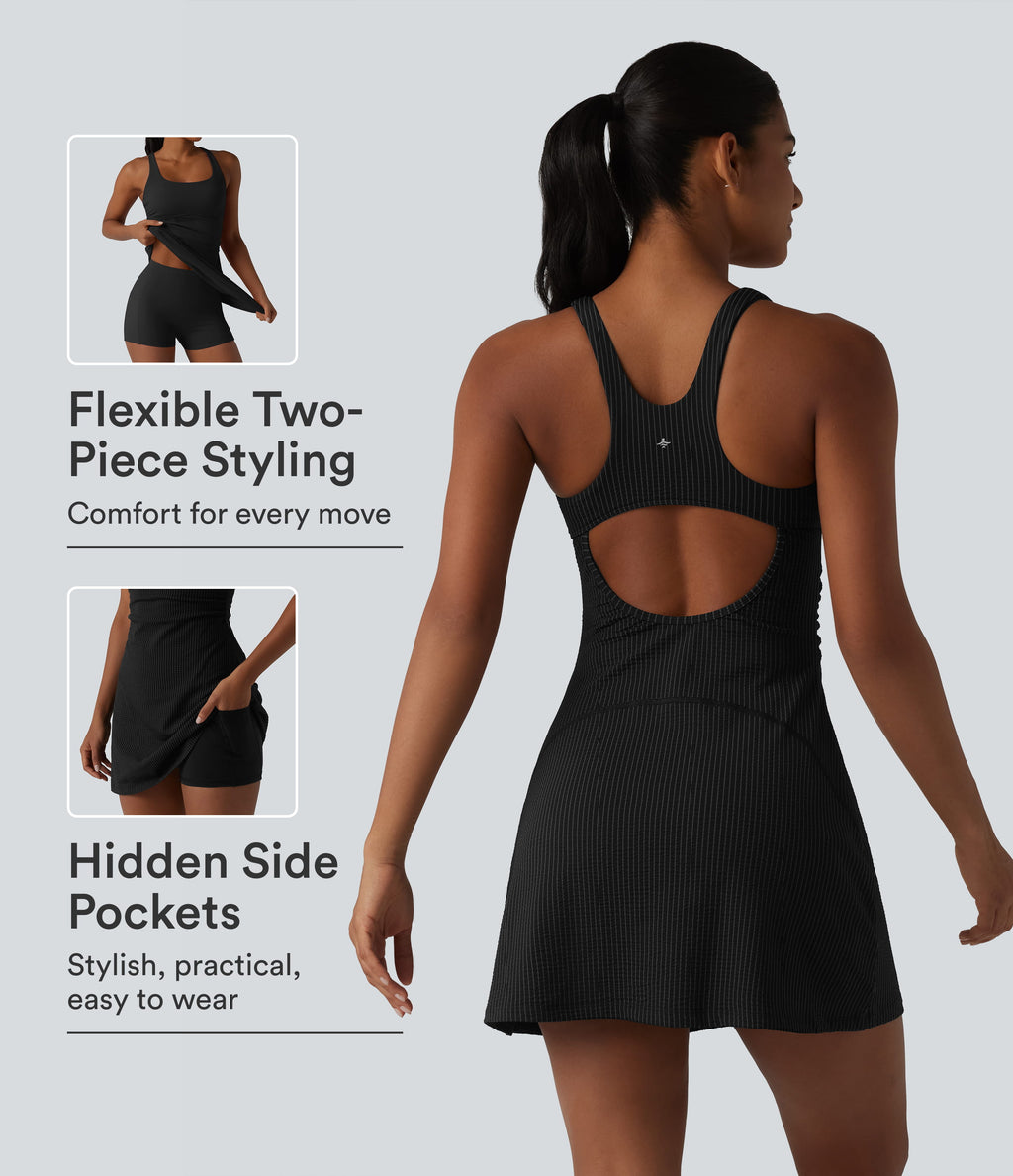U Neck Built-in Bra 2-Piece Stripe Quick Dry Mini Tennis Active Dress with Pockets-UPF40+ — Ink Stripe Ribbed — view 1