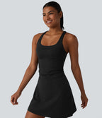 U Neck Built-in Bra 2-Piece Stripe Quick Dry Mini Tennis Active Dress with Pockets-UPF40+ — Ink Stripe Ribbed — view 6