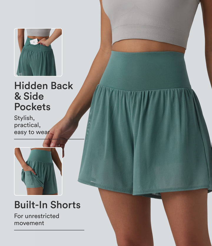 Airy High Waisted Contrast Mesh 2-in-1 InstantCool Yoga Shorts 5'' with Pockets — Blue Spruce — view 1