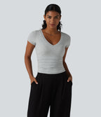 Cotton Jersey V Neck Short Sleeve Built-in Bra Push Up Ruched Casual T-Shirt — Urban Mist — view 4