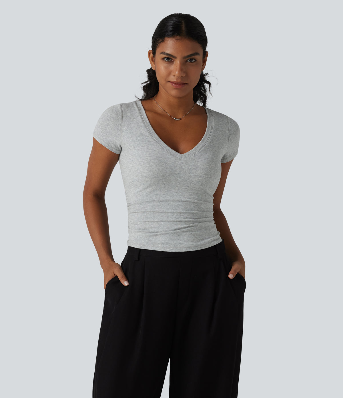 Cotton Jersey V Neck Short Sleeve Built-in Bra Push Up Ruched Casual T-Shirt — Urban Mist — view 4