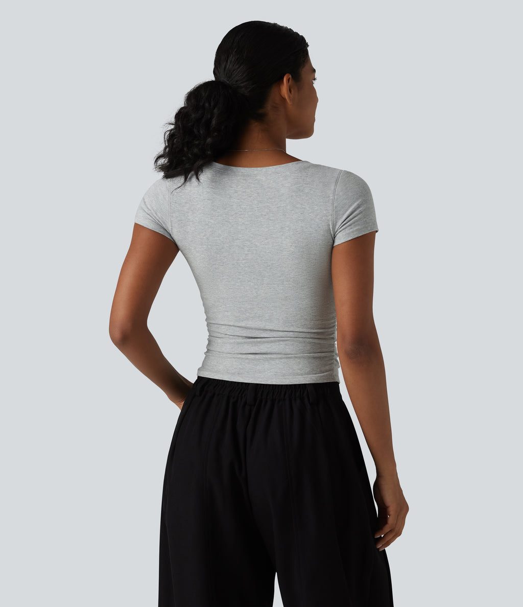 Cotton Jersey V Neck Short Sleeve Built-in Bra Push Up Ruched Casual T-Shirt — Urban Mist — view 3