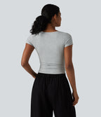 Cotton Jersey V Neck Short Sleeve Built-in Bra Push Up Ruched Casual T-Shirt — Urban Mist — view 3
