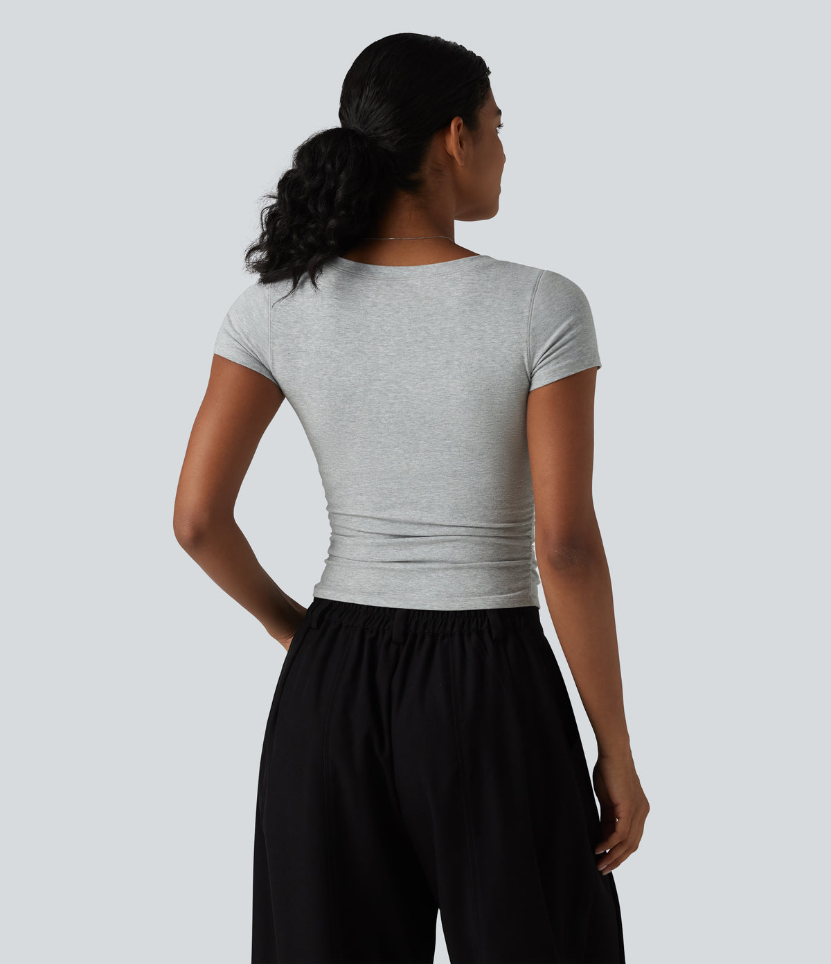 Cotton Jersey V Neck Short Sleeve Built-in Bra Push Up Ruched Casual T-Shirt — Urban Mist — view 3