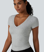 Cotton Jersey V Neck Short Sleeve Built-in Bra Push Up Ruched Casual T-Shirt — Urban Mist — view 6