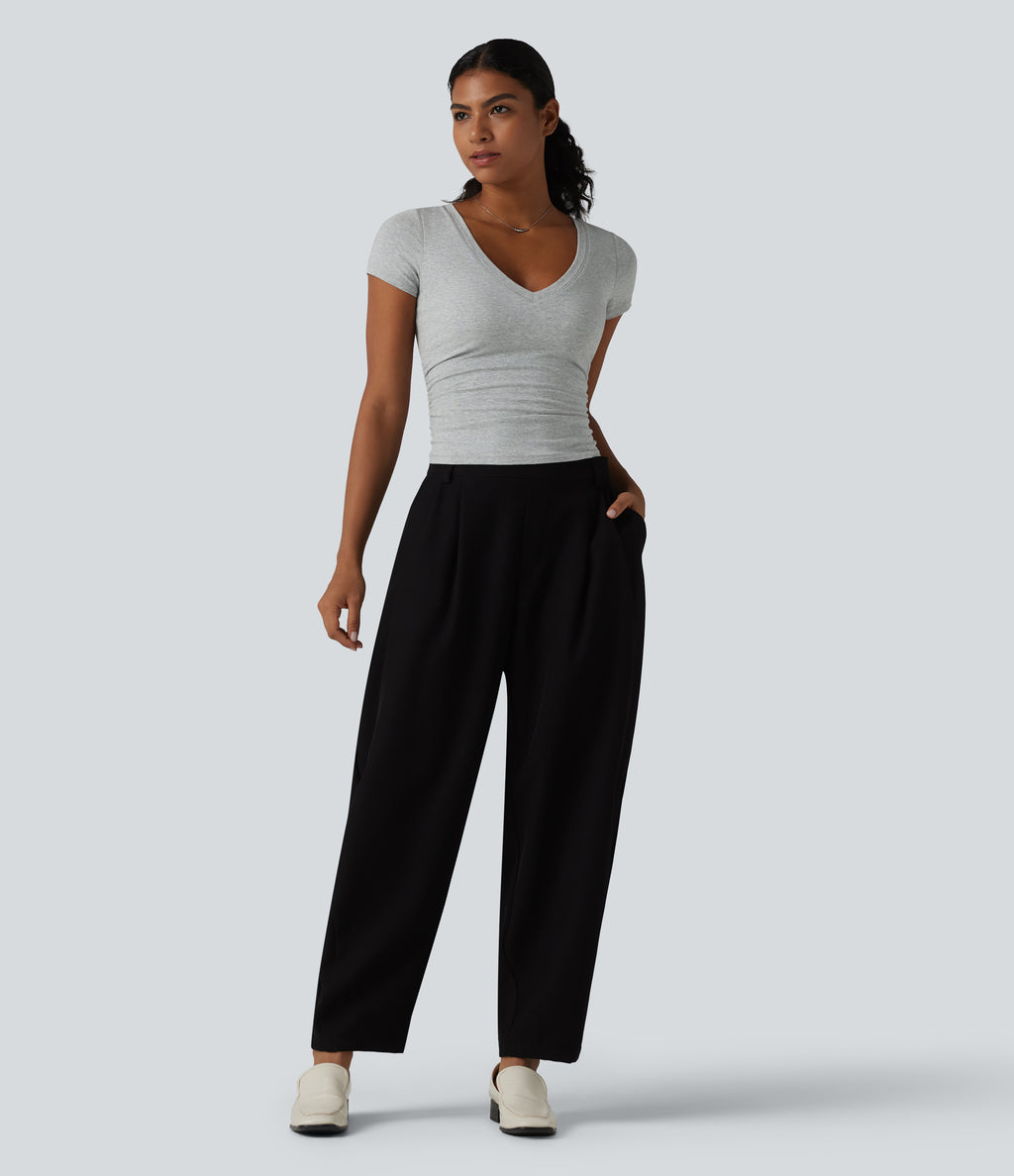 Cotton Jersey V Neck Short Sleeve Built-in Bra Push Up Ruched Casual T-Shirt — Urban Mist — view 7