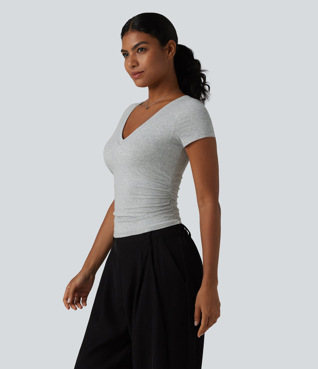 Cotton Jersey V Neck Short Sleeve Built-in Bra Push Up Ruched Casual T-Shirt — Urban Mist — view 5