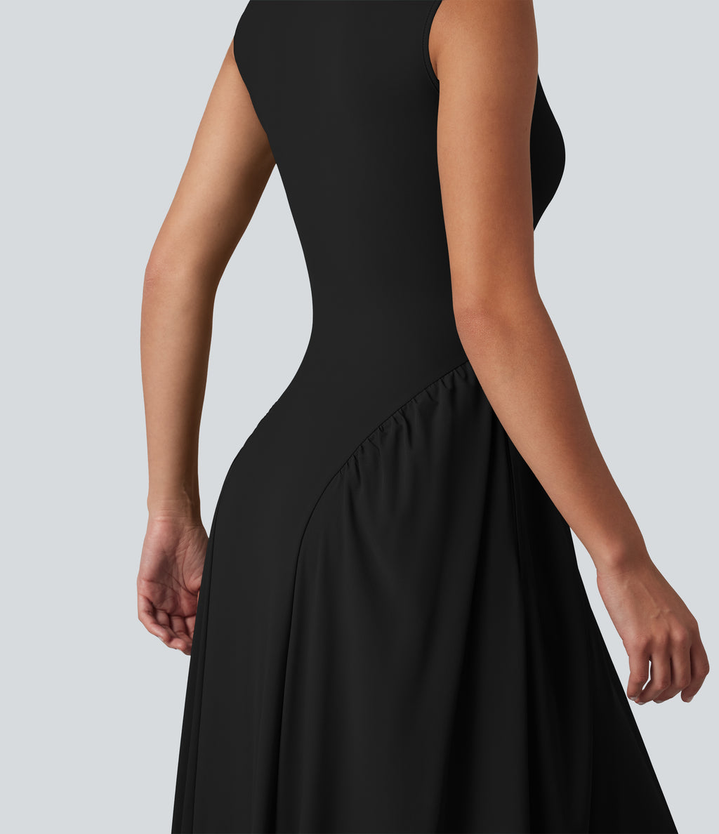 U-Neck Sleeveless Maxi Casual Flowy Dress with Pockets — Black — view 5