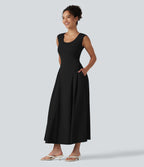 U-Neck Sleeveless Maxi Casual Flowy Dress with Pockets — Black — view 3