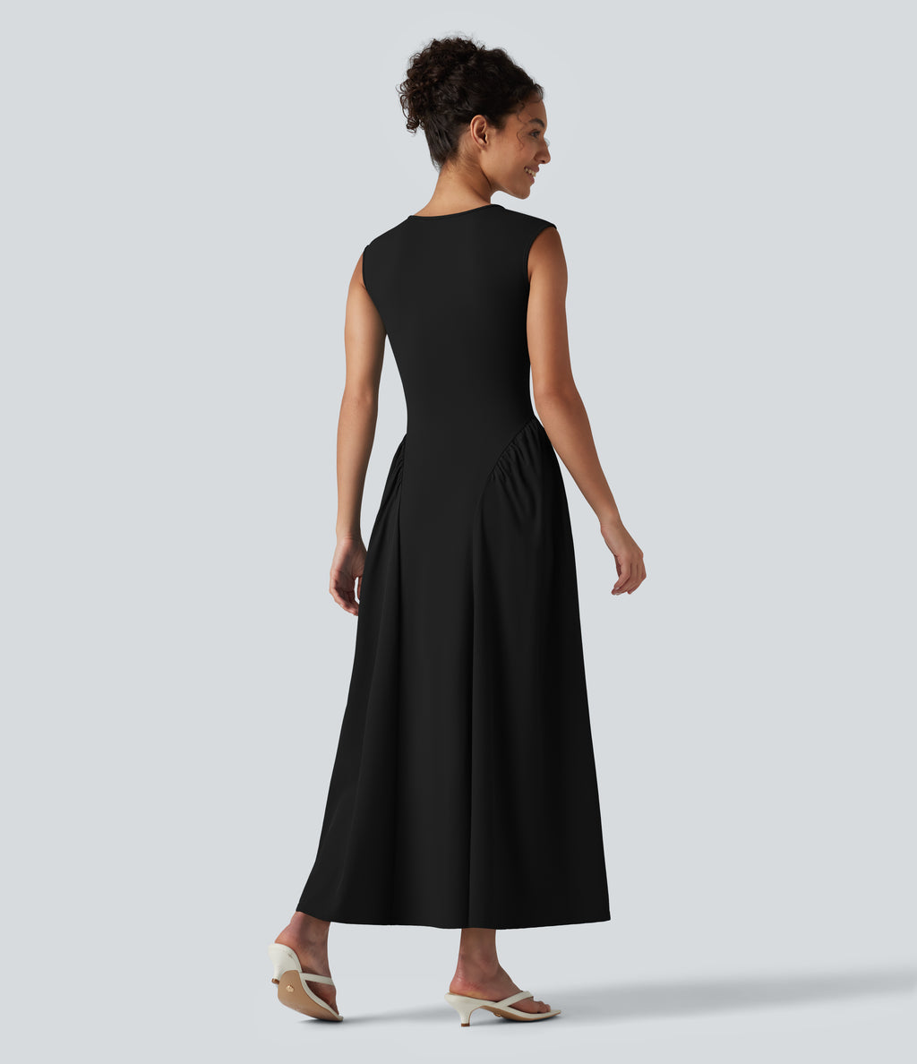 U-Neck Sleeveless Maxi Casual Flowy Dress with Pockets — Black — view 2