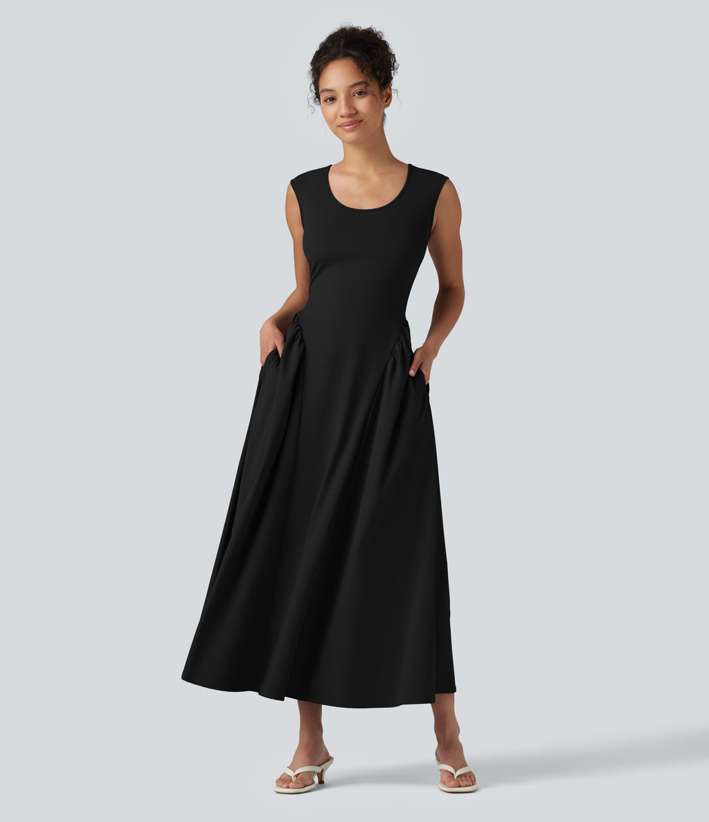 U-Neck Sleeveless Maxi Casual Flowy Dress with Pockets — Black — view 1