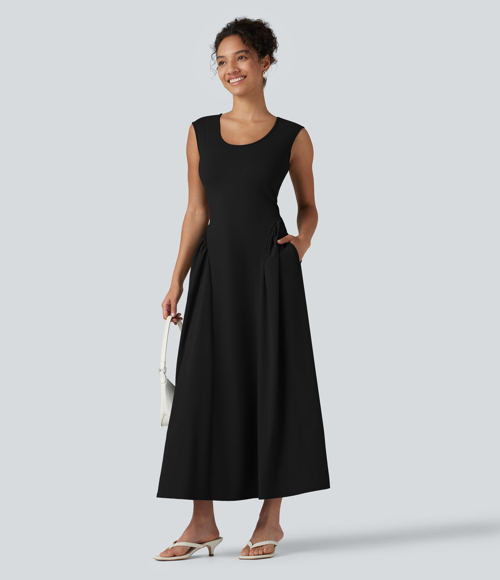 U-Neck Sleeveless Maxi Casual Flowy Dress with Pockets — Black — view 7