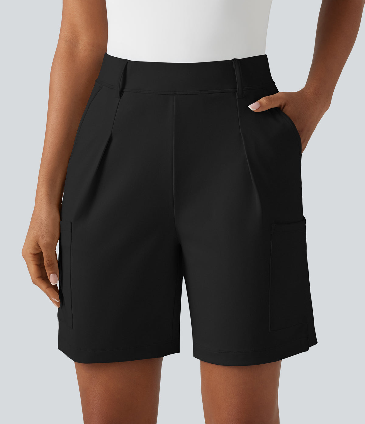 High Waisted Pleated Work Cargo Baggy Shorts with Pockets — Black — view 4