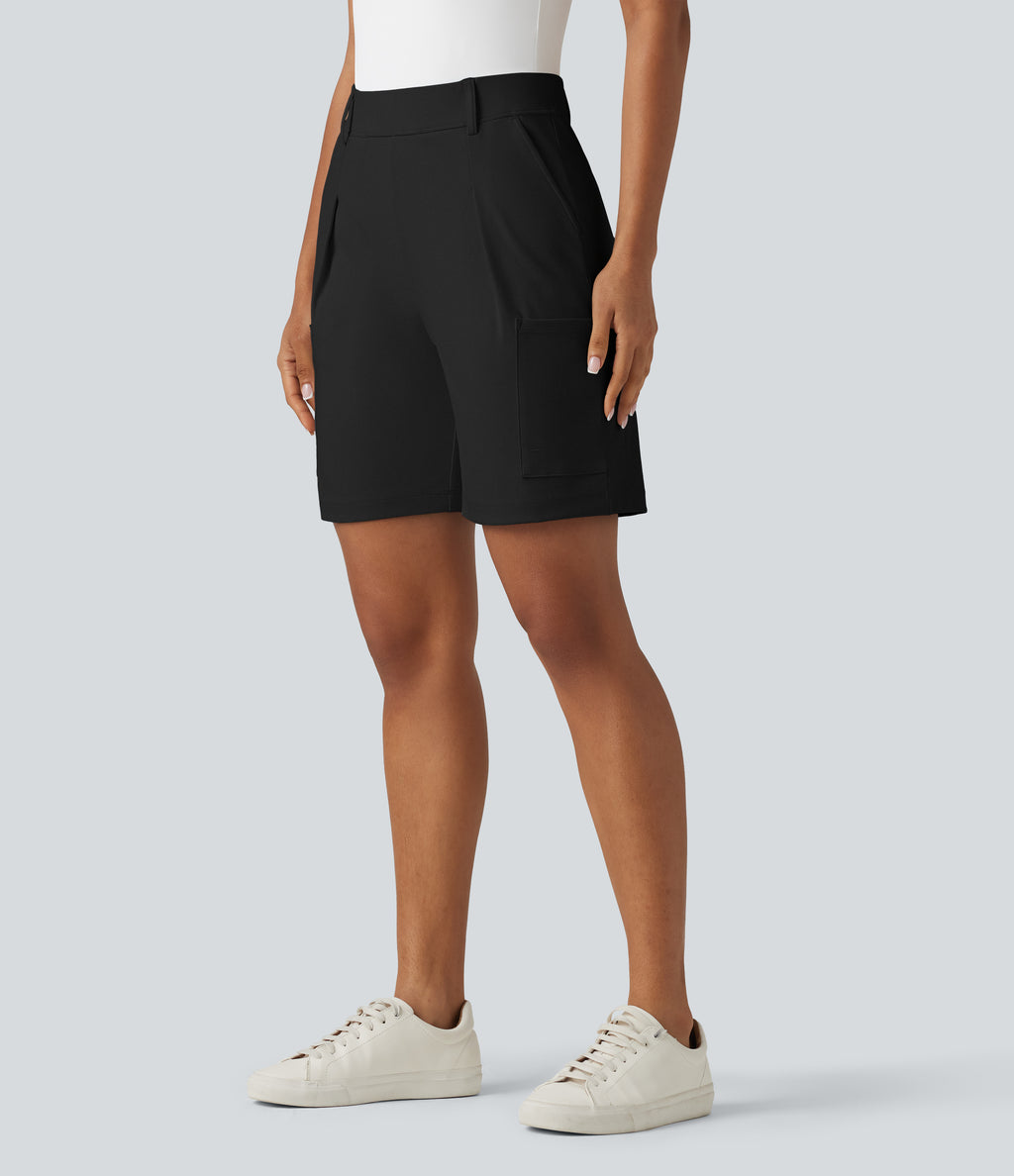 High Waisted Pleated Work Cargo Baggy Shorts with Pockets — Black — view 3