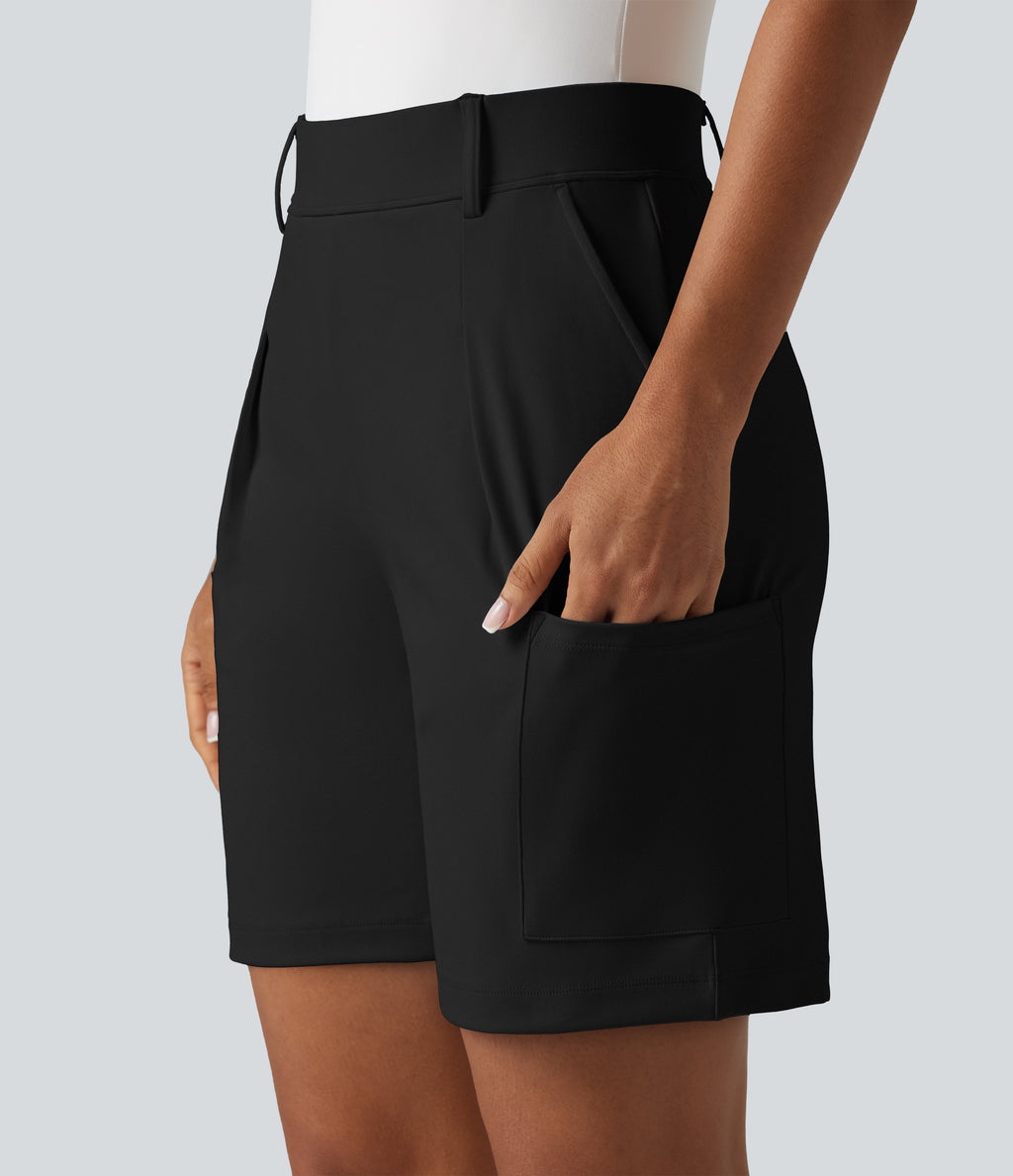 High Waisted Pleated Work Cargo Baggy Shorts with Pockets — Black — view 5
