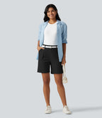 High Waisted Pleated Work Cargo Baggy Shorts with Pockets — Black — view 7