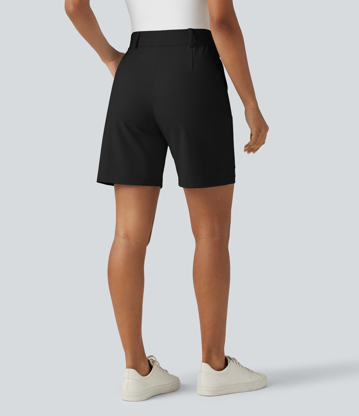 High Waisted Pleated Work Cargo Baggy Shorts with Pockets — Black — view 2