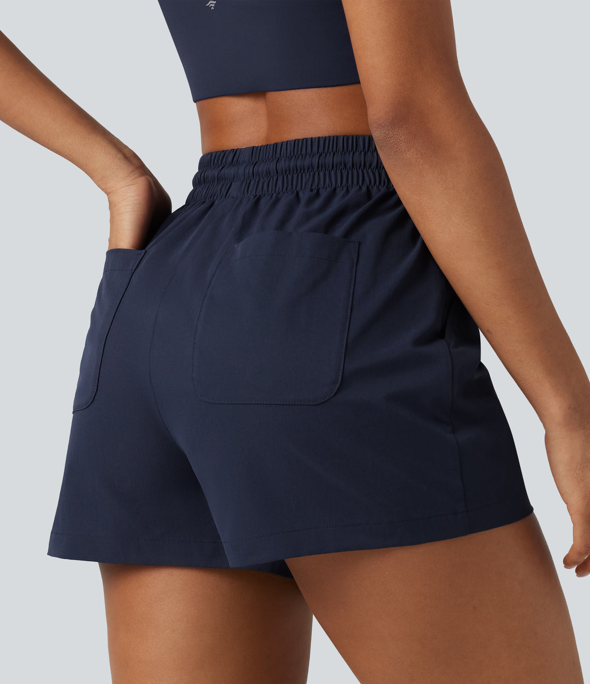High Waisted Drawstring Stretchy Poplin Workout Baggy Shorts with Pockets — Peacoat — view 5