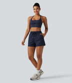 High Waisted Drawstring Stretchy Poplin Workout Baggy Shorts with Pockets — Peacoat — view 6