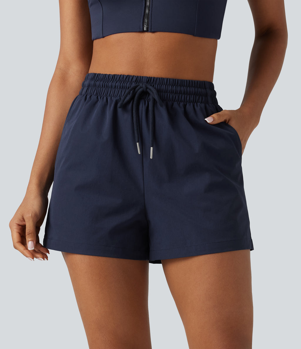 High Waisted Drawstring Stretchy Poplin Workout Baggy Shorts with Pockets — Peacoat — view 1