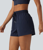High Waisted Drawstring Stretchy Poplin Workout Baggy Shorts with Pockets — Peacoat — view 3