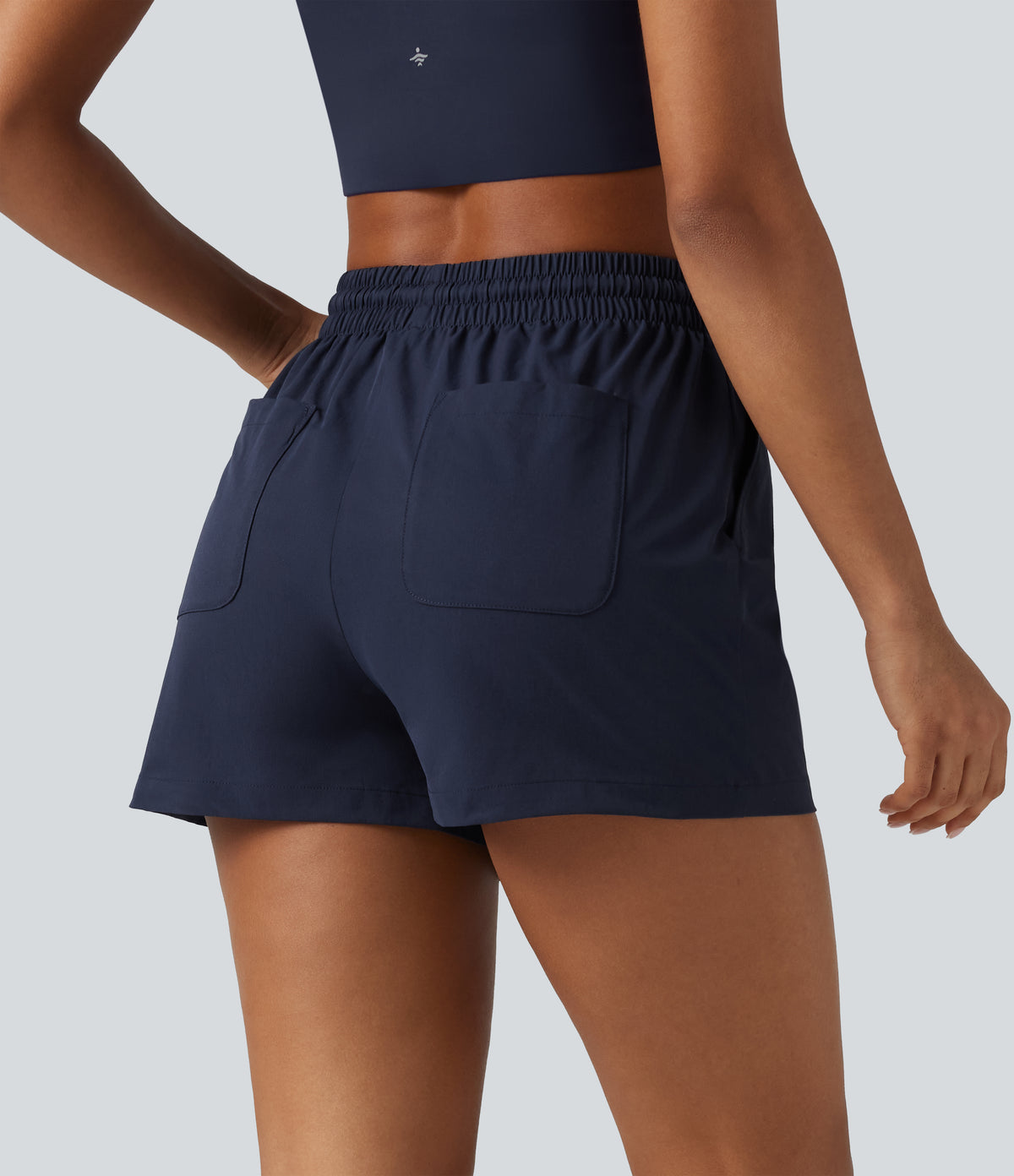 High Waisted Drawstring Stretchy Poplin Workout Baggy Shorts with Pockets — Peacoat — view 2