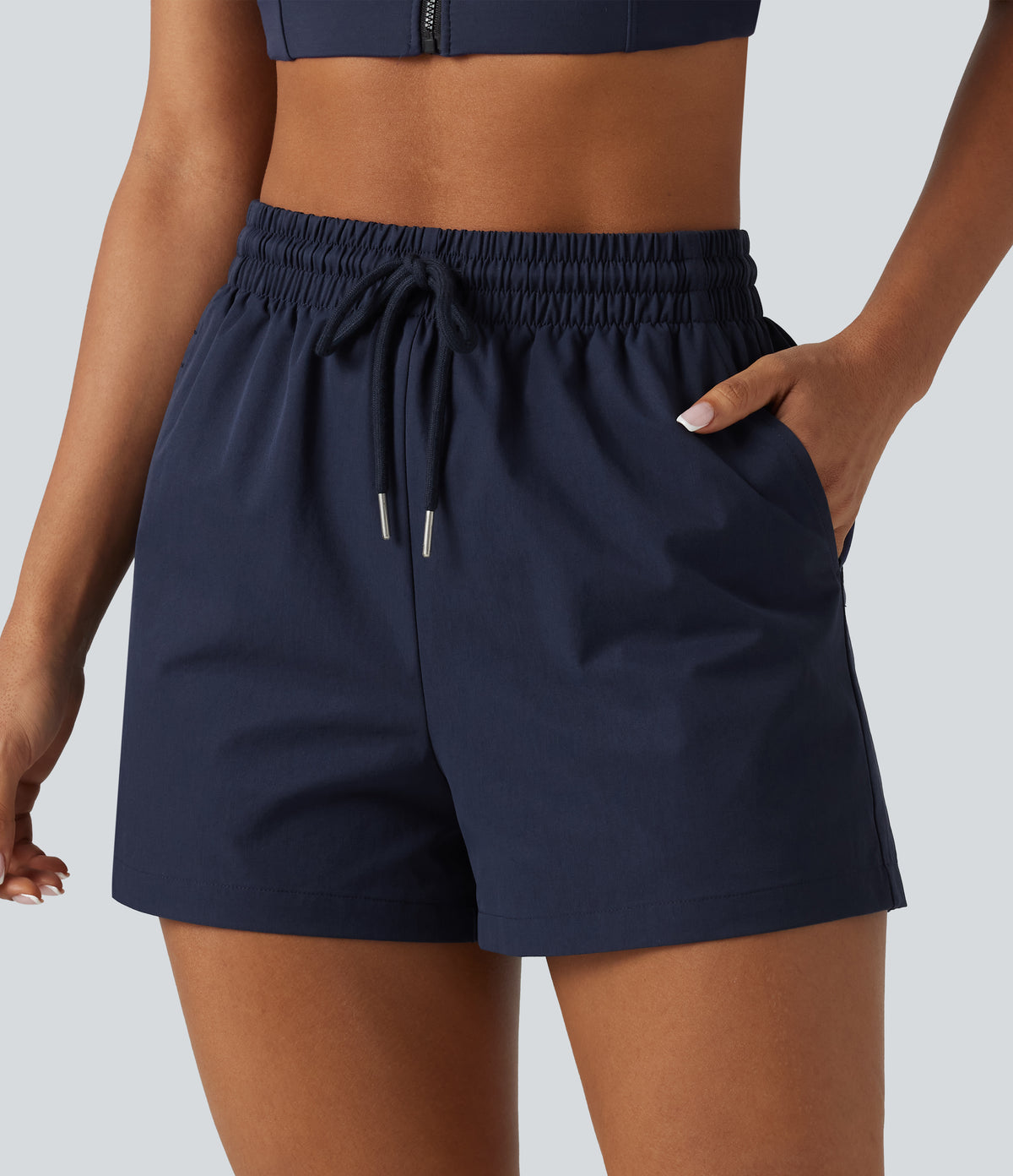 High Waisted Drawstring Stretchy Poplin Workout Baggy Shorts with Pockets — Peacoat — view 4