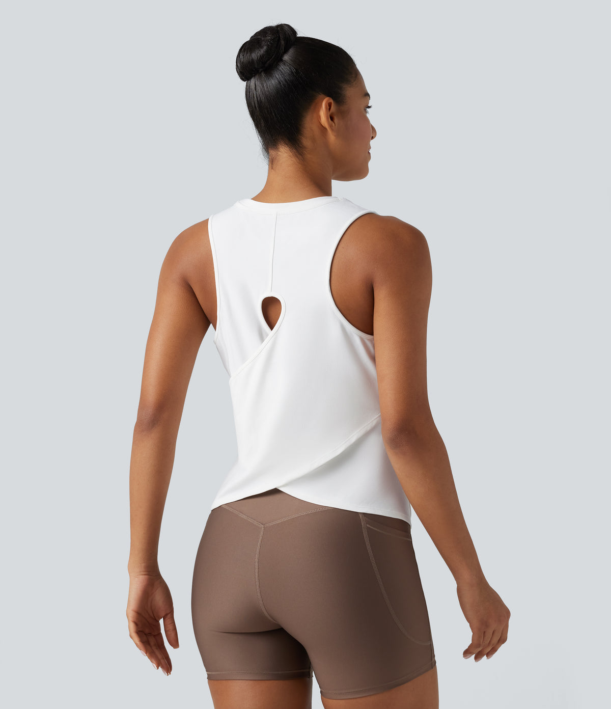 Cut Out Crossover Hem Heathered Yoga Tank Top — White — view 4