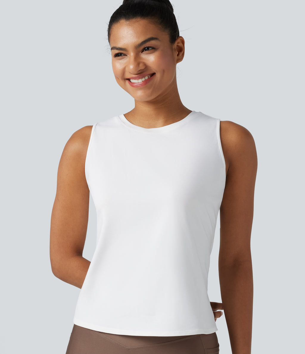 Cut Out Crossover Hem Heathered Yoga Tank Top — White — view 6
