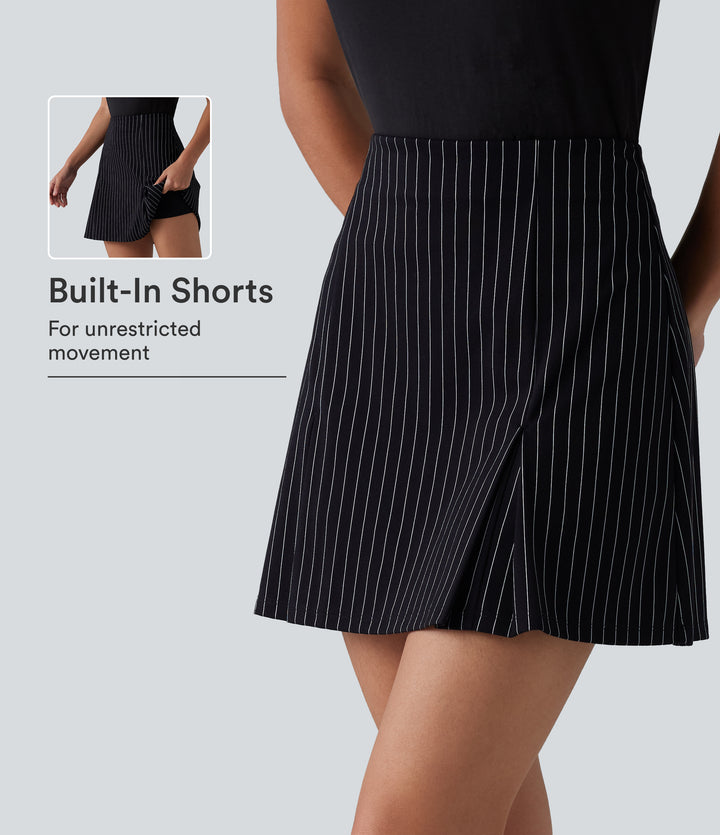 High Waisted Longer Mini 2-in-1 InstantCool Stripe Work A-Line Skirt — Black White Pinstripe — view 1