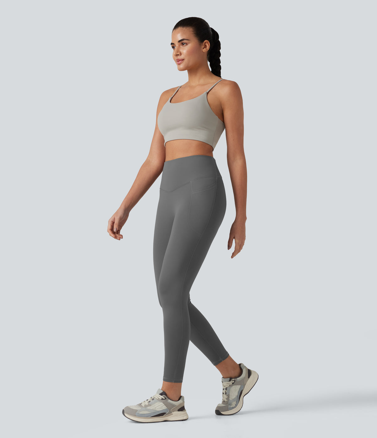 Plush High Waisted Tummy Control Crossover Back Yoga 7/8 Leggings with Pockets — Castlerock — view 7