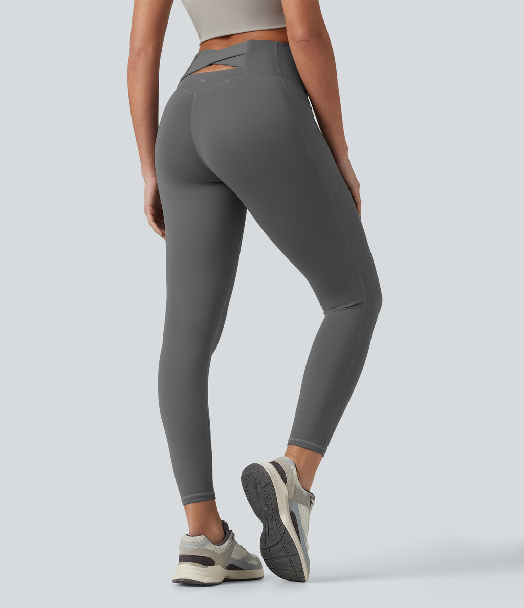 Plush High Waisted Tummy Control Crossover Back Yoga 7/8 Leggings with Pockets — Castlerock — view 2