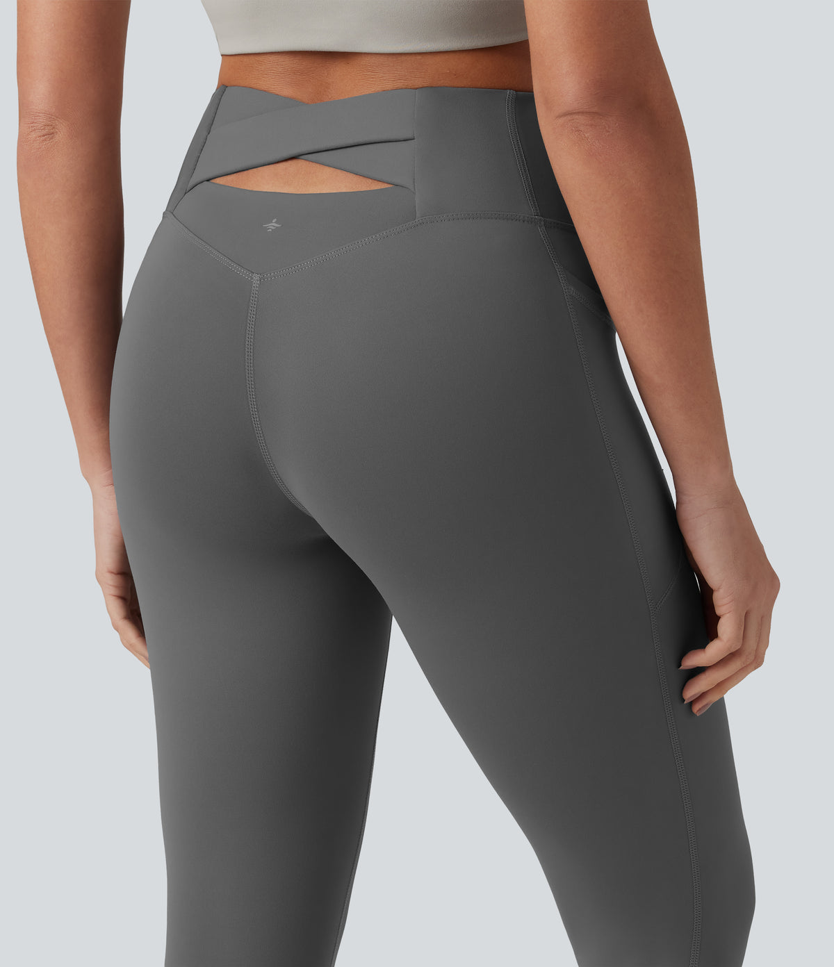 Plush High Waisted Tummy Control Crossover Back Yoga 7/8 Leggings with Pockets — Castlerock — view 4