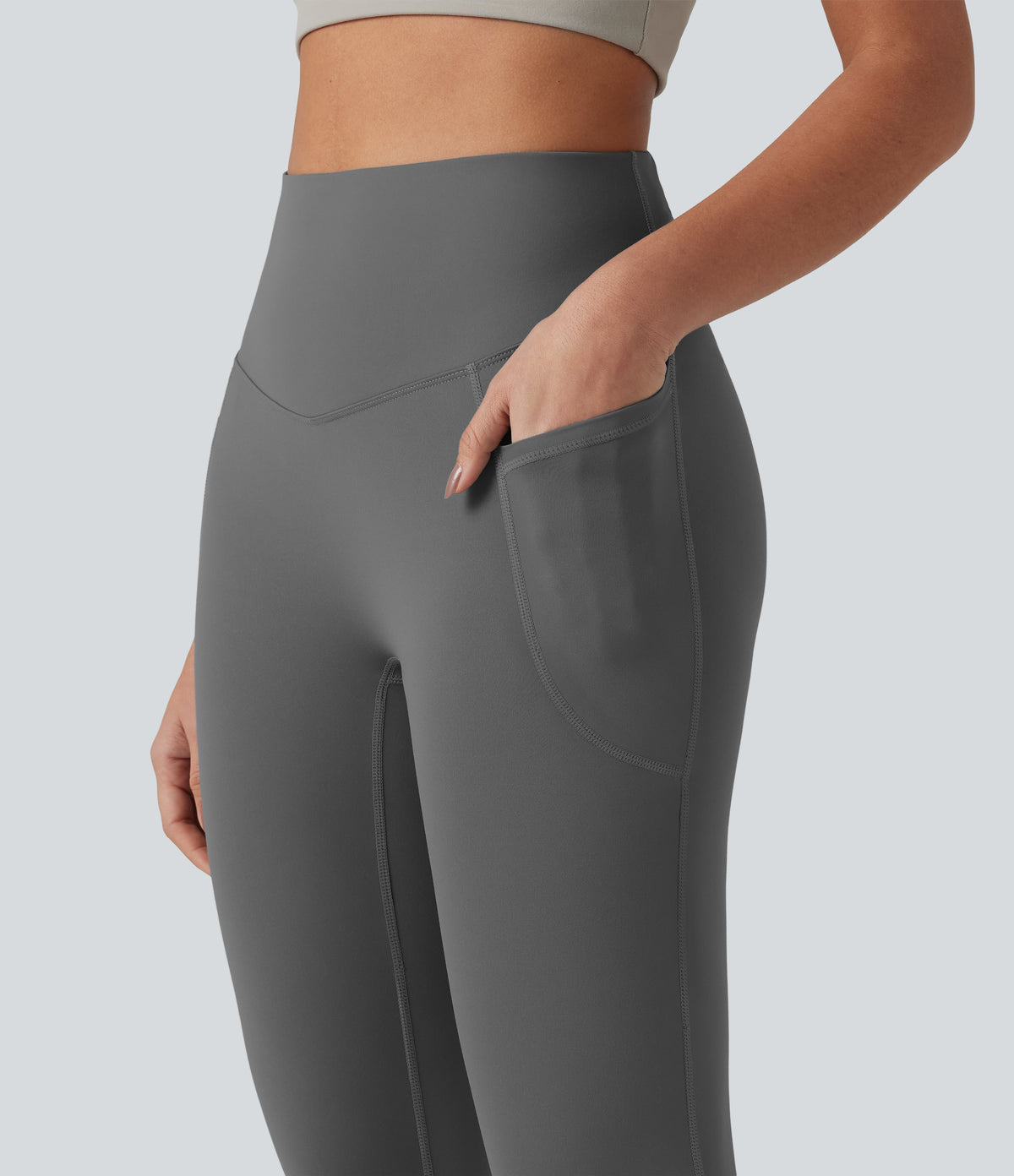 Plush High Waisted Tummy Control Crossover Back Yoga 7/8 Leggings with Pockets — Castlerock — view 5