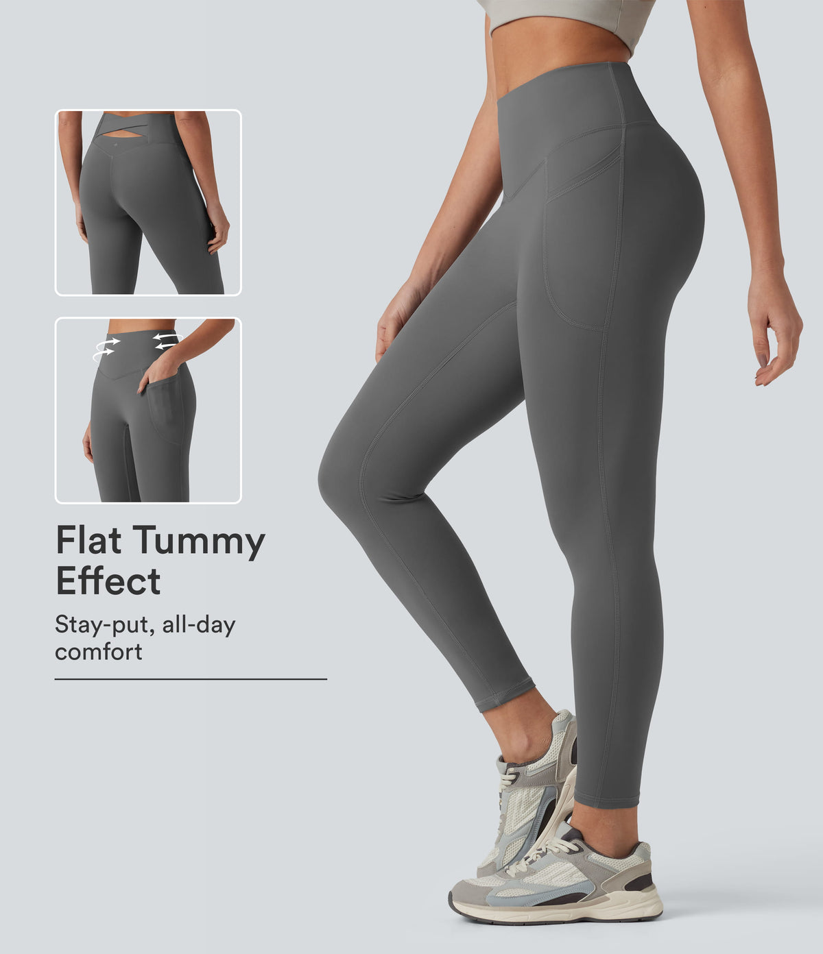 Plush High Waisted Tummy Control Crossover Back Yoga 7/8 Leggings with Pockets — Castlerock — view 1
