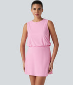 Airy Round Neck Sleeveless 2-in-1 InstantCool Mini Yoga Active Dress with Pockets — Nosegay — view 8