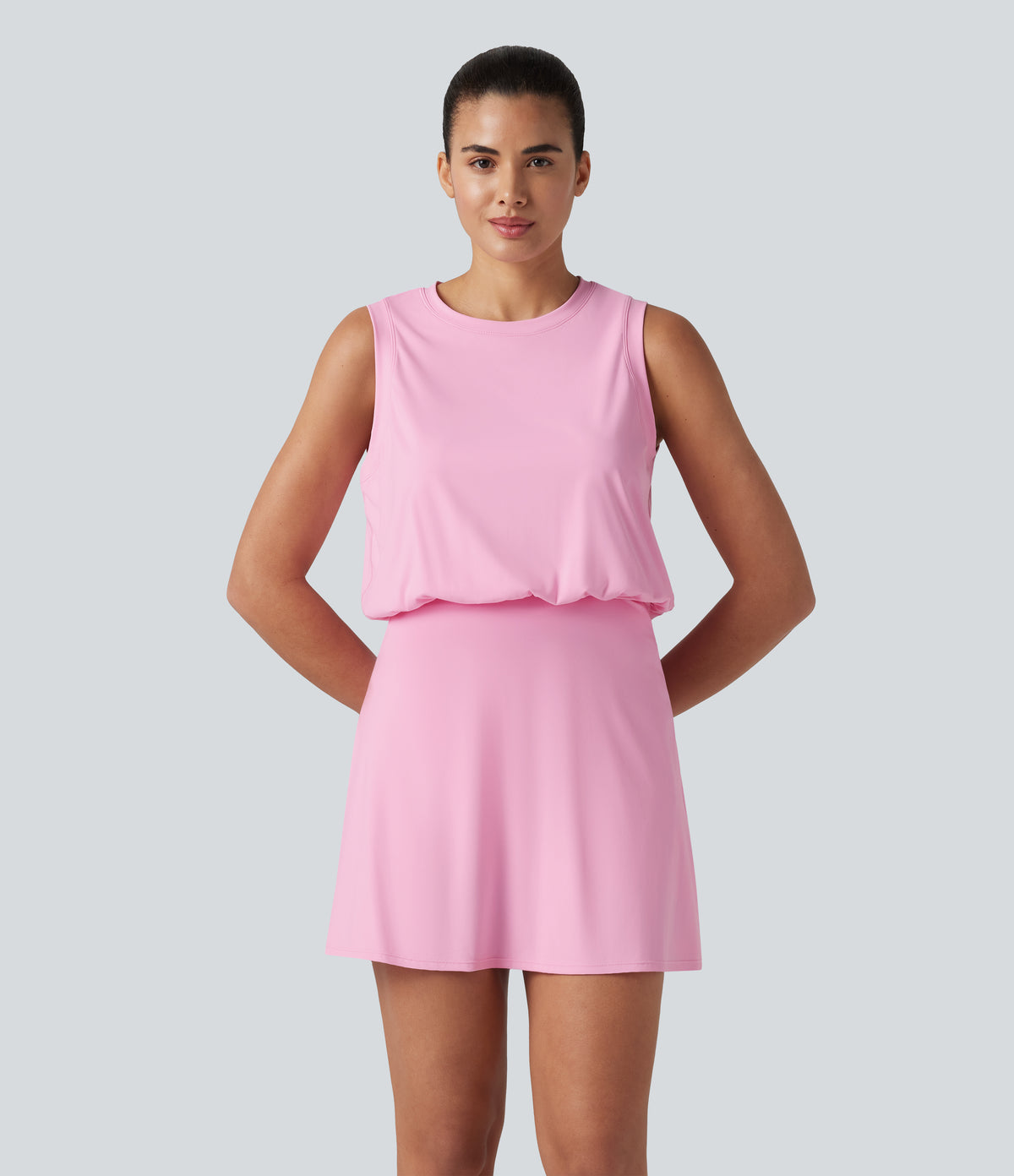 Airy Round Neck Sleeveless 2-in-1 InstantCool Mini Yoga Active Dress with Pockets — Nosegay — view 2