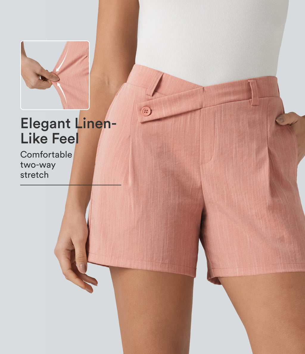 Asymmetric Mid Rise Linen-Feel Work Baggy Shorts 5'' with Pockets — Terra Blush — view 1