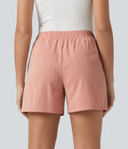 Asymmetric Mid Rise Linen-Feel Work Baggy Shorts 5'' with Pockets — Terra Blush — view 3